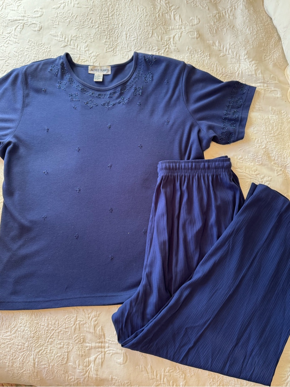 Alfred Dunner Navy Beaded Short Sleeve Top with Pleated Navy Pants